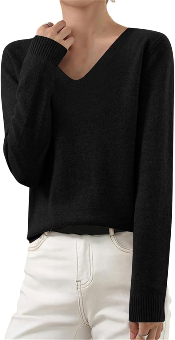 Jumpers for Women UK Clearance Women's Sweaters Casual Long Sleeve Shirts Ladies Tops Loose V Neck Knit Solid Pullover Sweater Jumper Tunic Tops Fall Sweatshirts