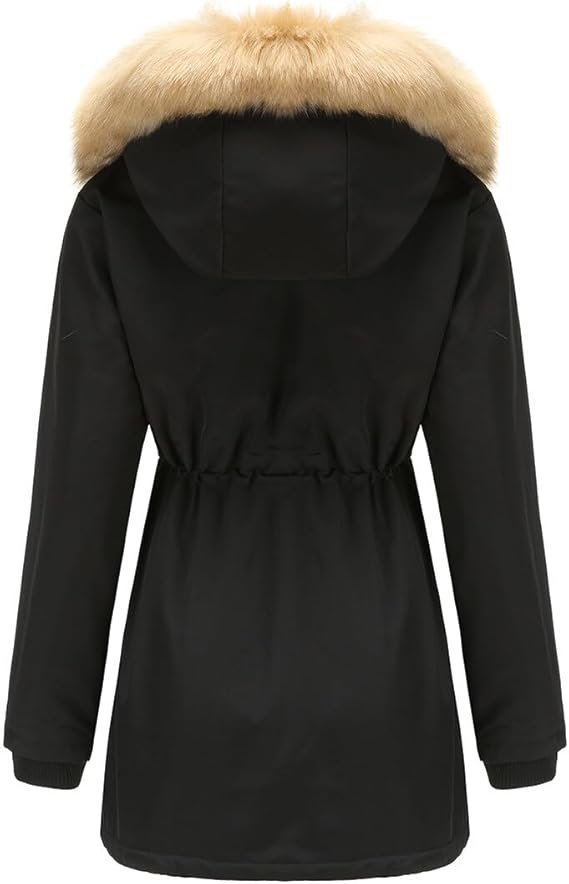 Women Warm Faux Fur Hooded Jacket Long Sleeves Fleece Lined Winter Coat Fashion Winter Parka Outerwear