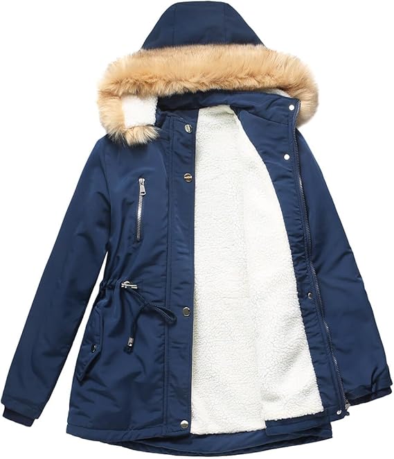 Women Warm Faux Fur Hooded Jacket Long Sleeves Fleece Lined Winter Coat Fashion Winter Parka Outerwear