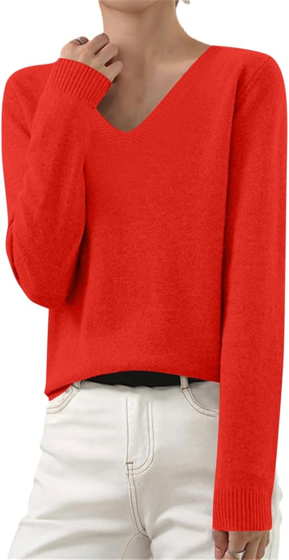 Jumpers for Women UK Clearance Women's Sweaters Casual Long Sleeve Shirts Ladies Tops Loose V Neck Knit Solid Pullover Sweater Jumper Tunic Tops Fall Sweatshirts