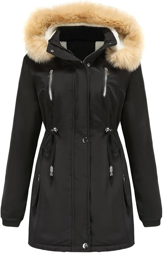 Women Warm Faux Fur Hooded Jacket Long Sleeves Fleece Lined Winter Coat Fashion Winter Parka Outerwear