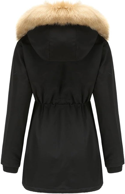 Women Warm Faux Fur Hooded Jacket Long Sleeves Fleece Lined Winter Coat Fashion Winter Parka Outerwear