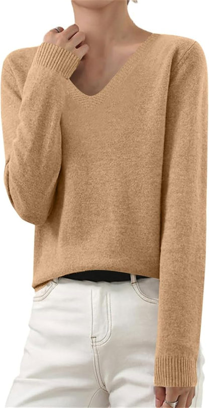 Jumpers for Women UK Clearance Women's Sweaters Casual Long Sleeve Shirts Ladies Tops Loose V Neck Knit Solid Pullover Sweater Jumper Tunic Tops Fall Sweatshirts