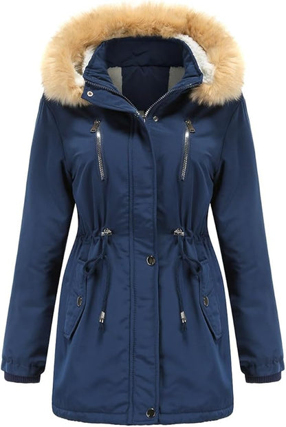 Women Warm Faux Fur Hooded Jacket Long Sleeves Fleece Lined Winter Coat Fashion Winter Parka Outerwear