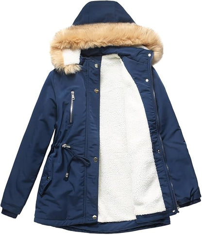 Women Warm Faux Fur Hooded Jacket Long Sleeves Fleece Lined Winter Coat Fashion Winter Parka Outerwear