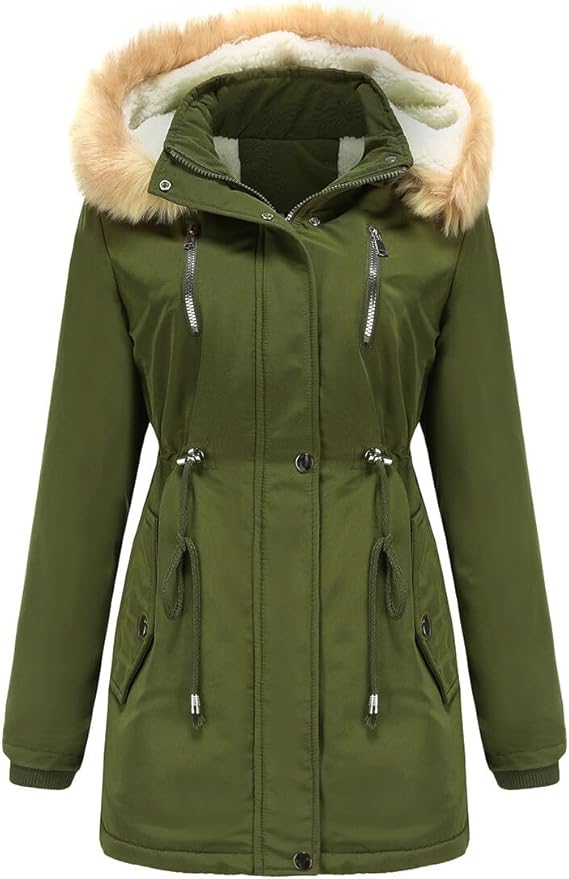 Women Warm Faux Fur Hooded Jacket Long Sleeves Fleece Lined Winter Coat Fashion Winter Parka Outerwear